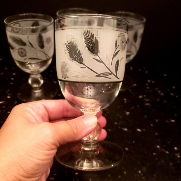 Libbey Frosted Silver Wheat Wildflower Glasses Mid-century Modern Vintage Retro - Picture 5 of 9